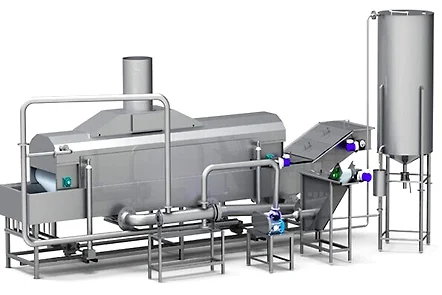 3D CAD model of an industrial continuous frying system with integrated heat exchanger and oil storage tank by Procon Ventures (OPC) Private Limited.