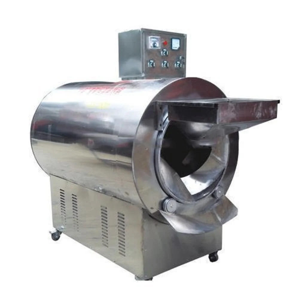 Industrial stainless steel rotary drum roaster with digital control panel.