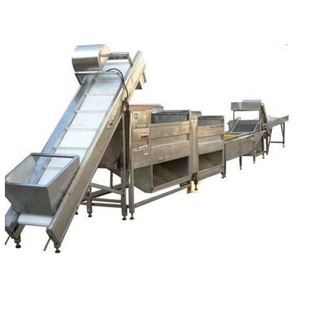 Industrial stainless steel z-bucket elevator and automated feeding system for food processing.